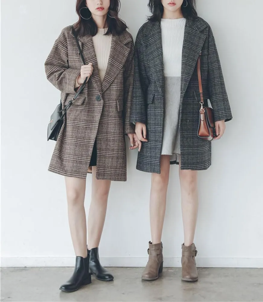 chouyatou Women's Elegant Notched Lapel Plaid Wool Coat Casual Single Breasted Trench Pea Coat with Pockets