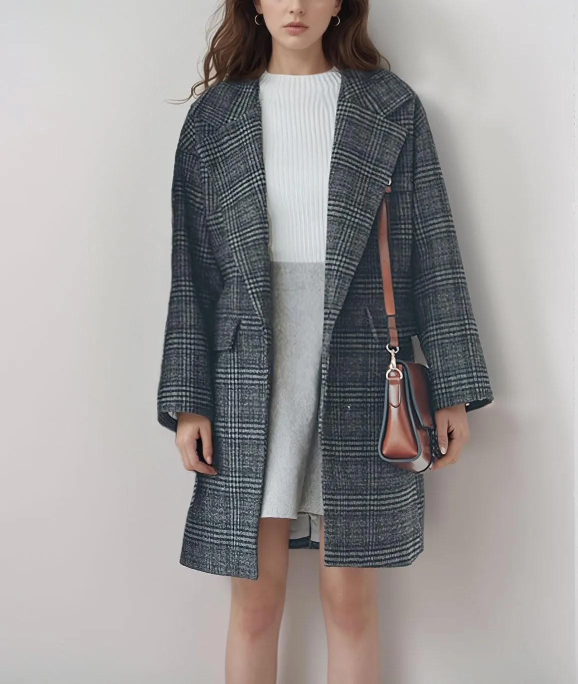 chouyatou Women's Elegant Notched Lapel Plaid Wool Coat Casual Single Breasted Trench Pea Coat with Pockets
