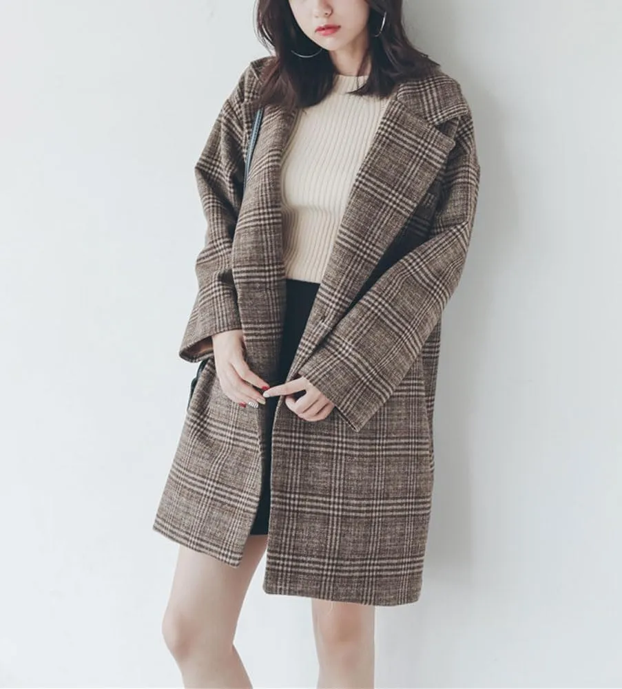 chouyatou Women's Elegant Notched Lapel Plaid Wool Coat Casual Single Breasted Trench Pea Coat with Pockets