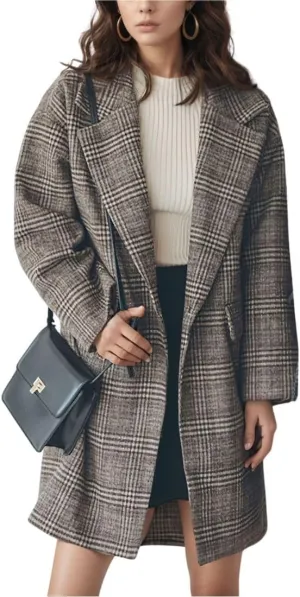 chouyatou Women's Elegant Notched Lapel Plaid Wool Coat Casual Single Breasted Trench Pea Coat with Pockets