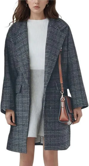 chouyatou Women's Elegant Notched Lapel Plaid Wool Coat Casual Single Breasted Trench Pea Coat with Pockets