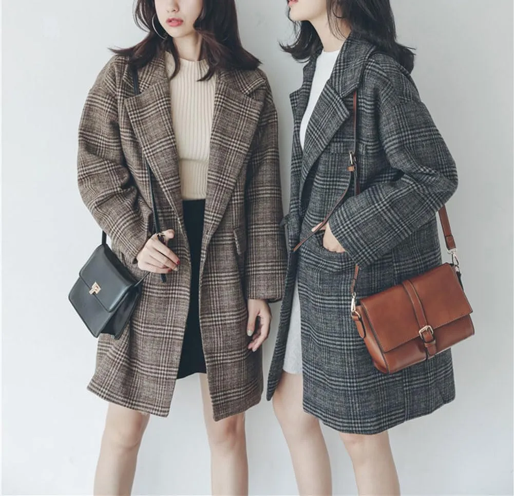 chouyatou Women's Elegant Notched Lapel Plaid Wool Coat Casual Single Breasted Trench Pea Coat with Pockets