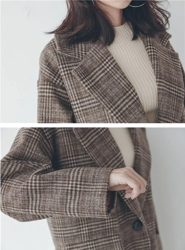 chouyatou Women's Elegant Notched Lapel Plaid Wool Coat Casual Single Breasted Trench Pea Coat with Pockets