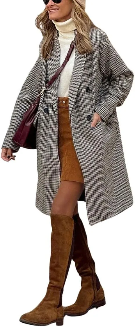 chouyatou Women's Elegant Plaid Long Wool Coat Double Breasted Lapel Wool Blend Trench Pea Coat with Pockets