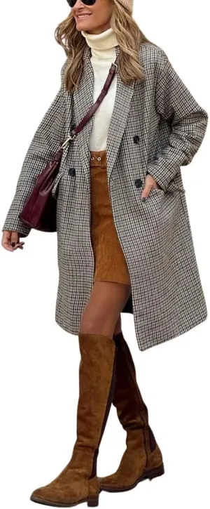 chouyatou Women's Elegant Plaid Long Wool Coat Double Breasted Lapel Wool Blend Trench Pea Coat with Pockets