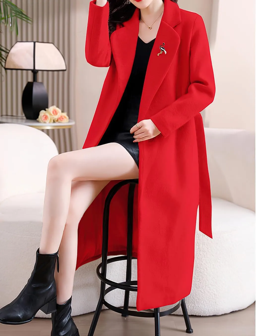 chouyatou Women's Elegant Wool Blend Overcoat Notched Collar Wrap Mid Long Trench Coat with Belt