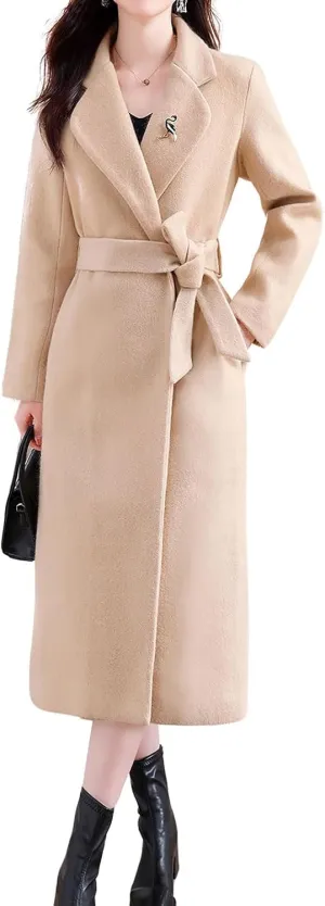 chouyatou Women's Elegant Wool Blend Overcoat Notched Collar Wrap Mid Long Trench Coat with Belt