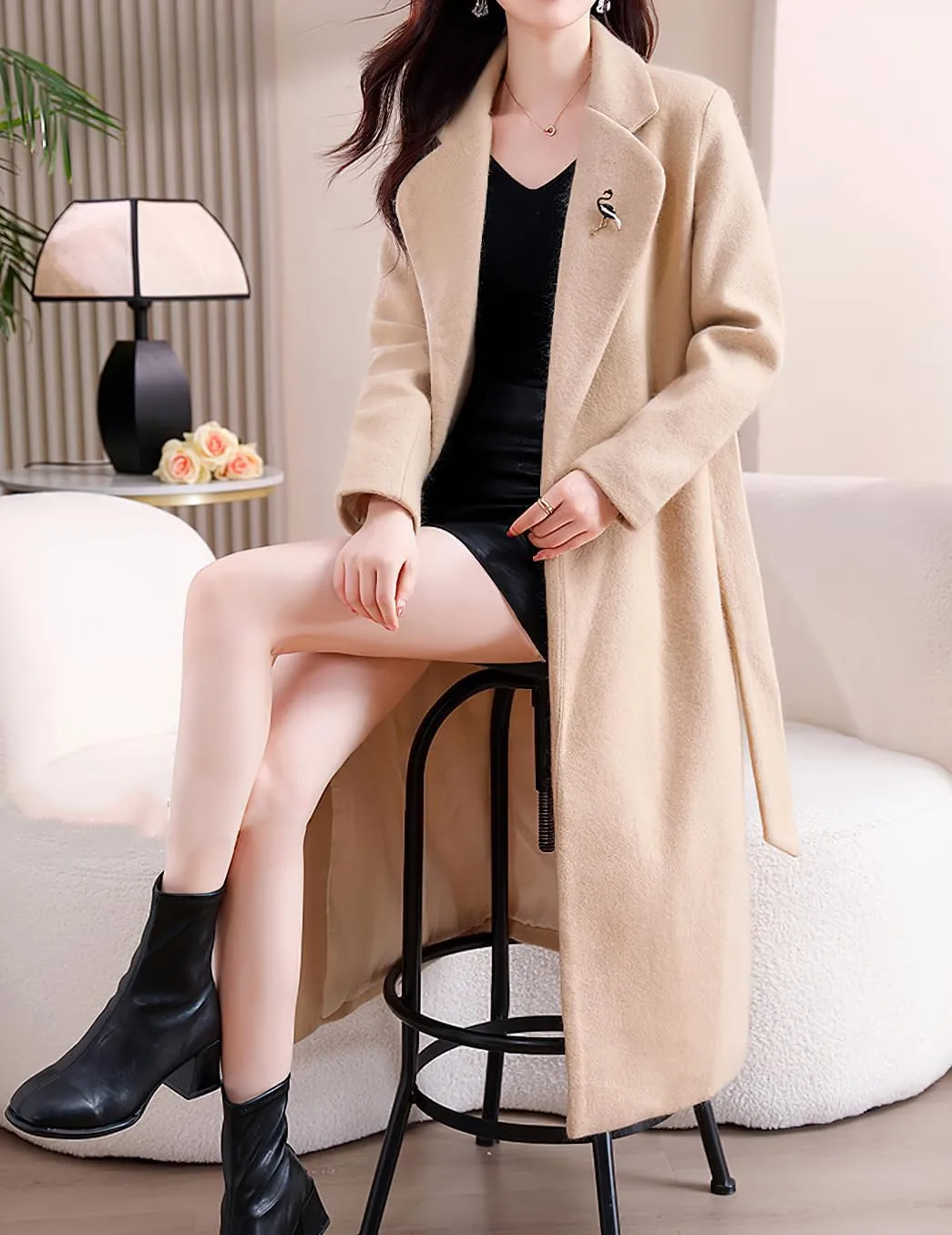 chouyatou Women's Elegant Wool Blend Overcoat Notched Collar Wrap Mid Long Trench Coat with Belt