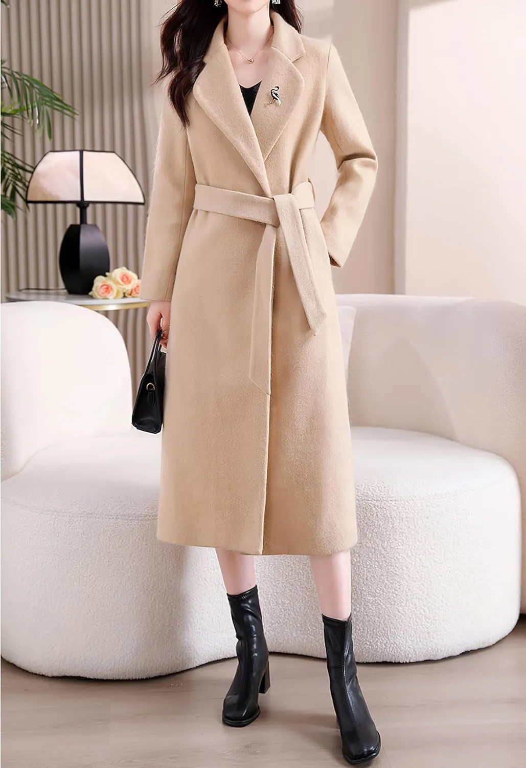 chouyatou Women's Elegant Wool Blend Overcoat Notched Collar Wrap Mid Long Trench Coat with Belt