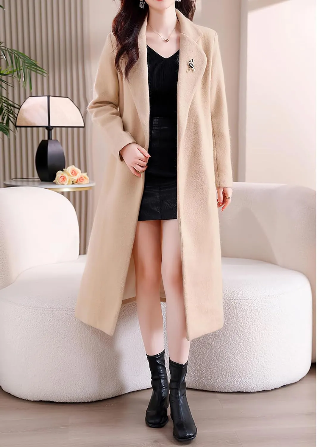 chouyatou Women's Elegant Wool Blend Overcoat Notched Collar Wrap Mid Long Trench Coat with Belt