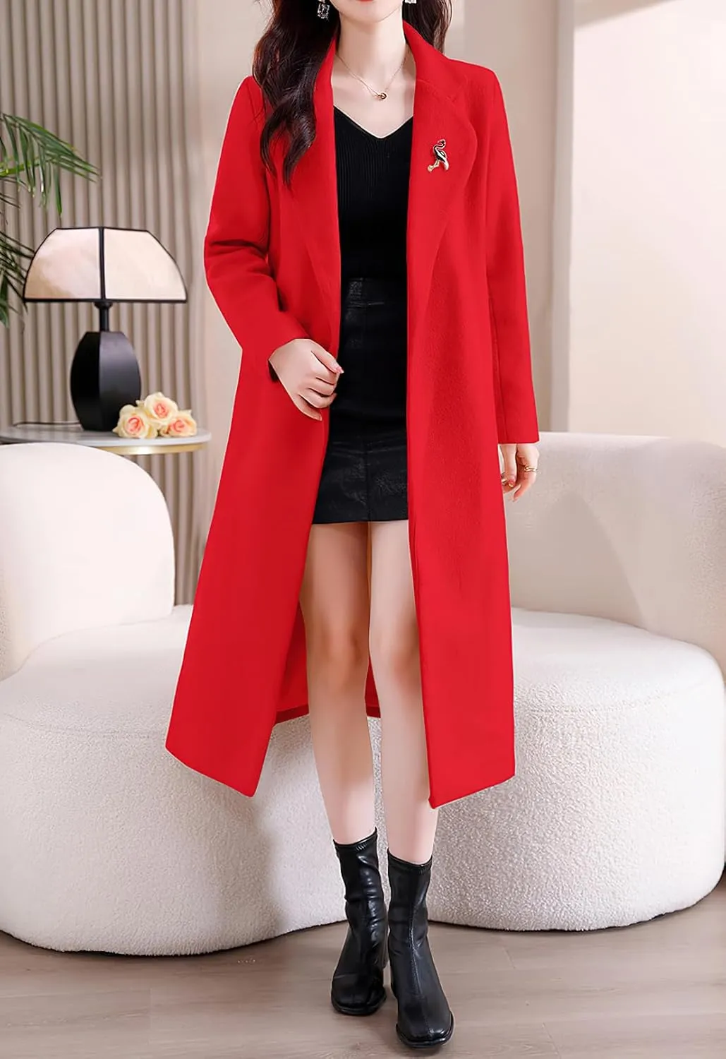 chouyatou Women's Elegant Wool Blend Overcoat Notched Collar Wrap Mid Long Trench Coat with Belt