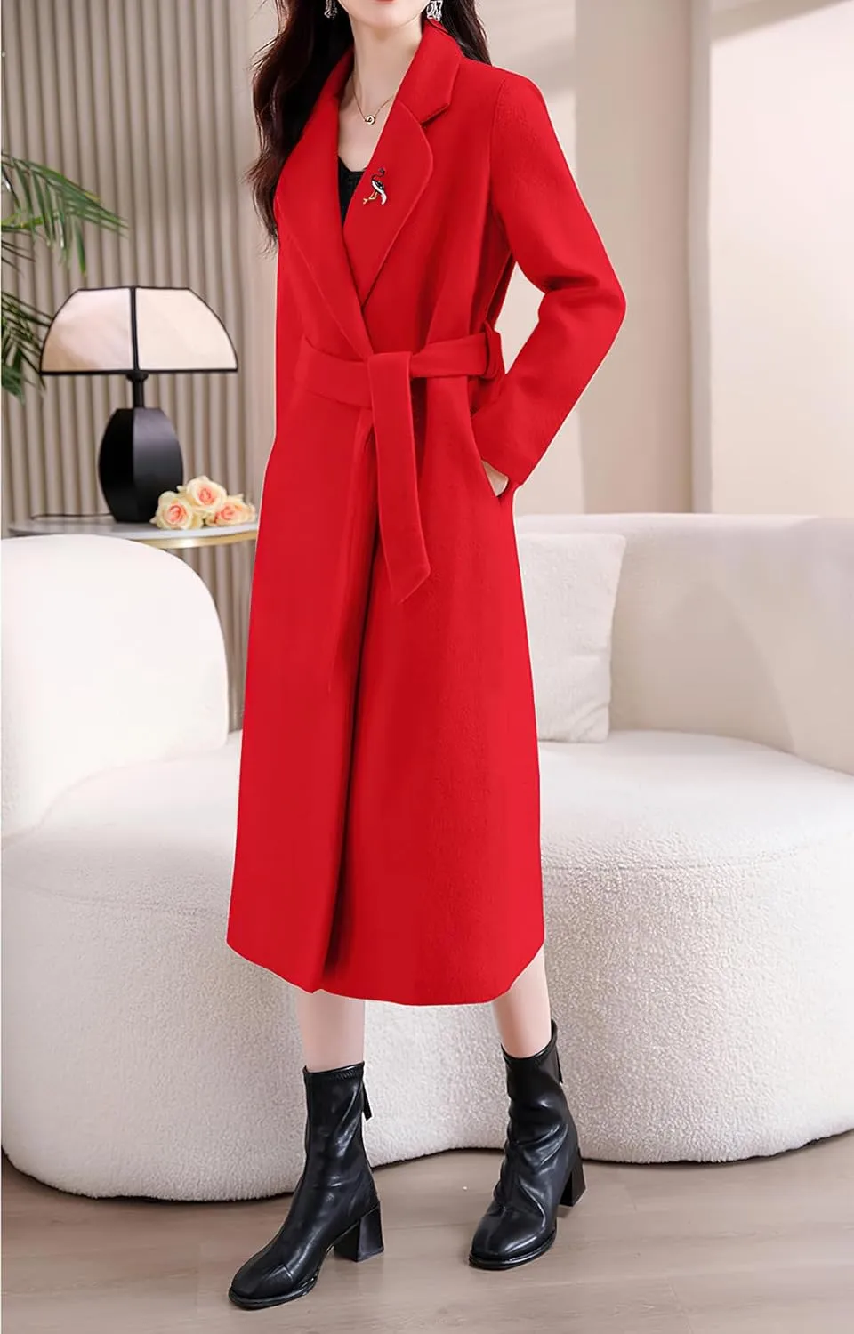 chouyatou Women's Elegant Wool Blend Overcoat Notched Collar Wrap Mid Long Trench Coat with Belt