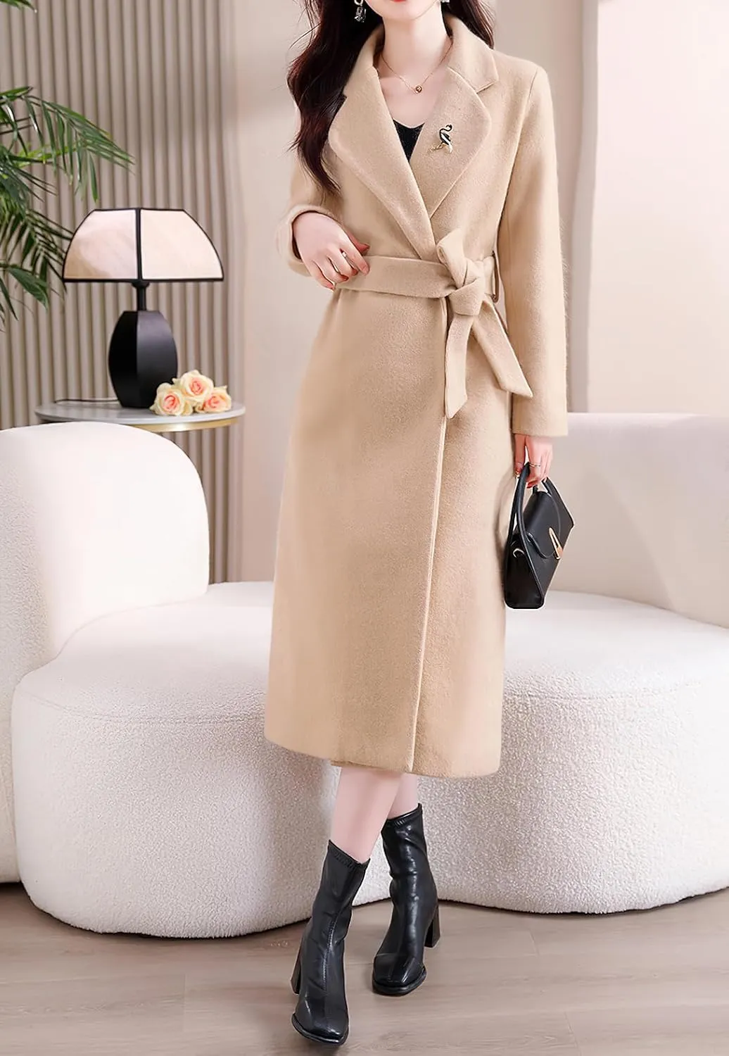 chouyatou Women's Elegant Wool Blend Overcoat Notched Collar Wrap Mid Long Trench Coat with Belt