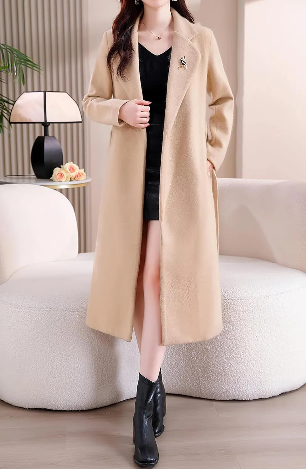 chouyatou Women's Elegant Wool Blend Overcoat Notched Collar Wrap Mid Long Trench Coat with Belt