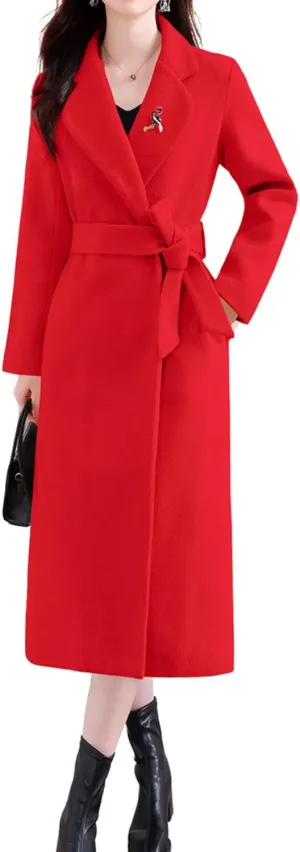 chouyatou Women's Elegant Wool Blend Overcoat Notched Collar Wrap Mid Long Trench Coat with Belt