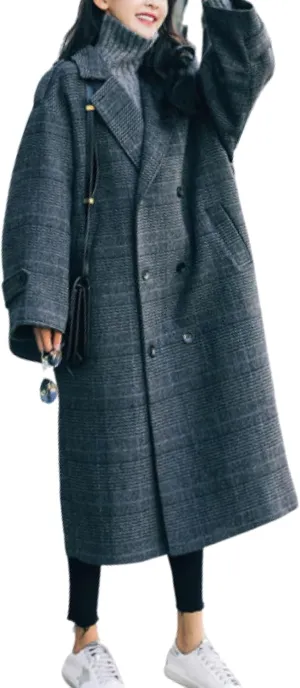 chouyatou Women's Fall Winter Oversized Notched Collar Double Breasted Plaid Wool Blend Long Trench Coat