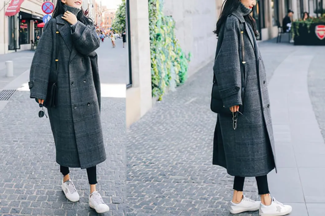 chouyatou Women's Fall Winter Oversized Notched Collar Double Breasted Plaid Wool Blend Long Trench Coat