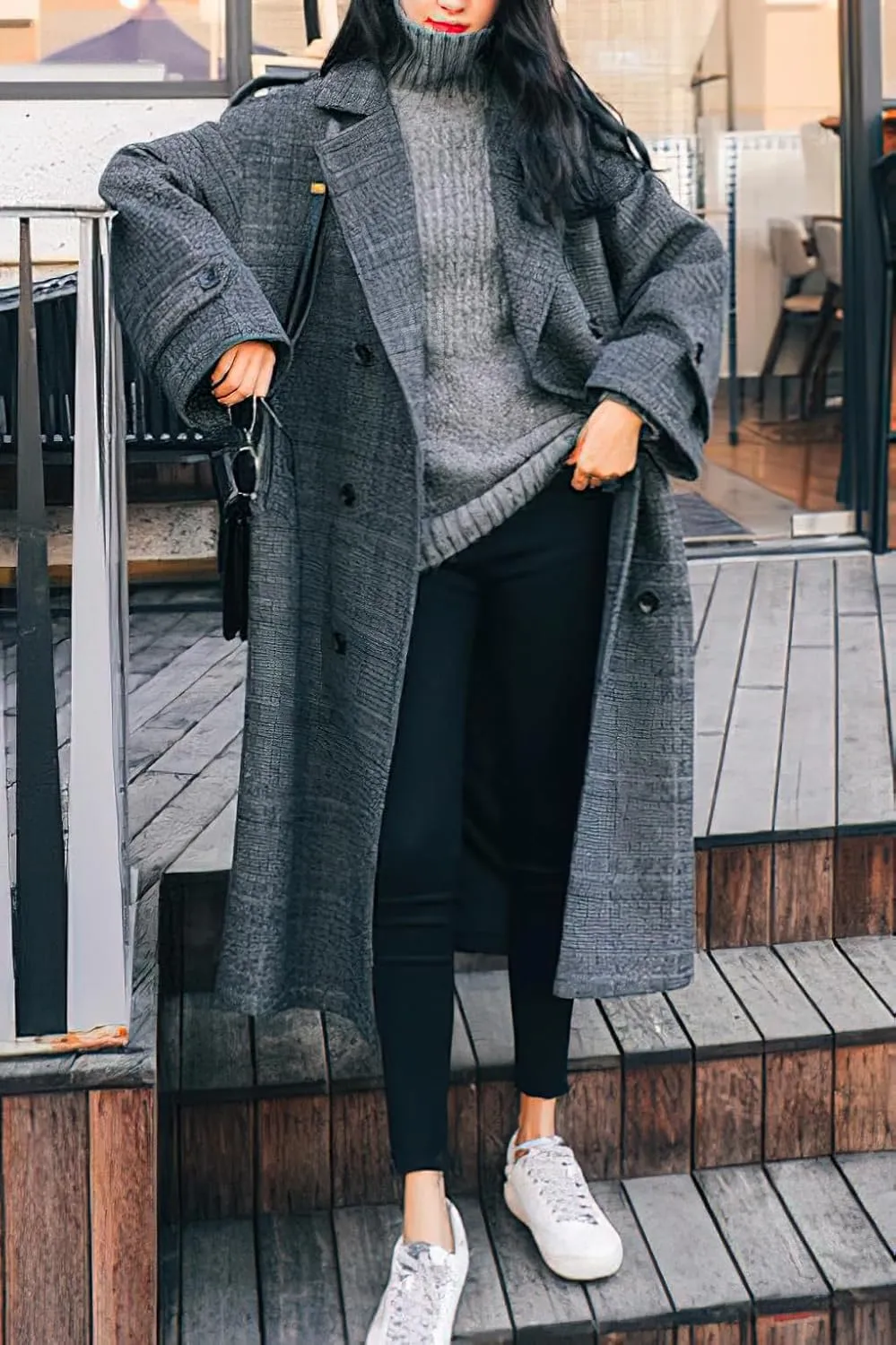 chouyatou Women's Fall Winter Oversized Notched Collar Double Breasted Plaid Wool Blend Long Trench Coat