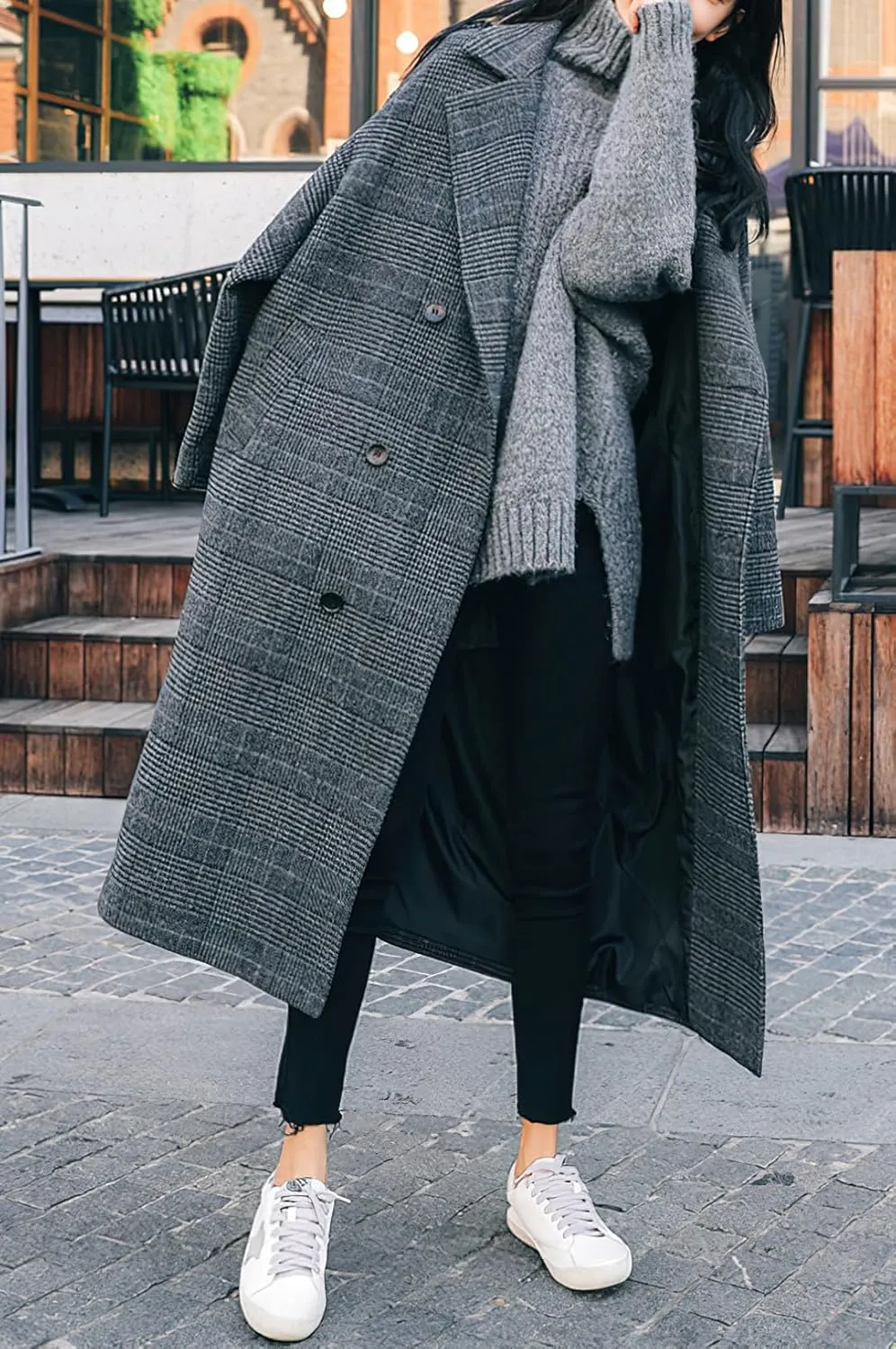 chouyatou Women's Fall Winter Oversized Notched Collar Double Breasted Plaid Wool Blend Long Trench Coat