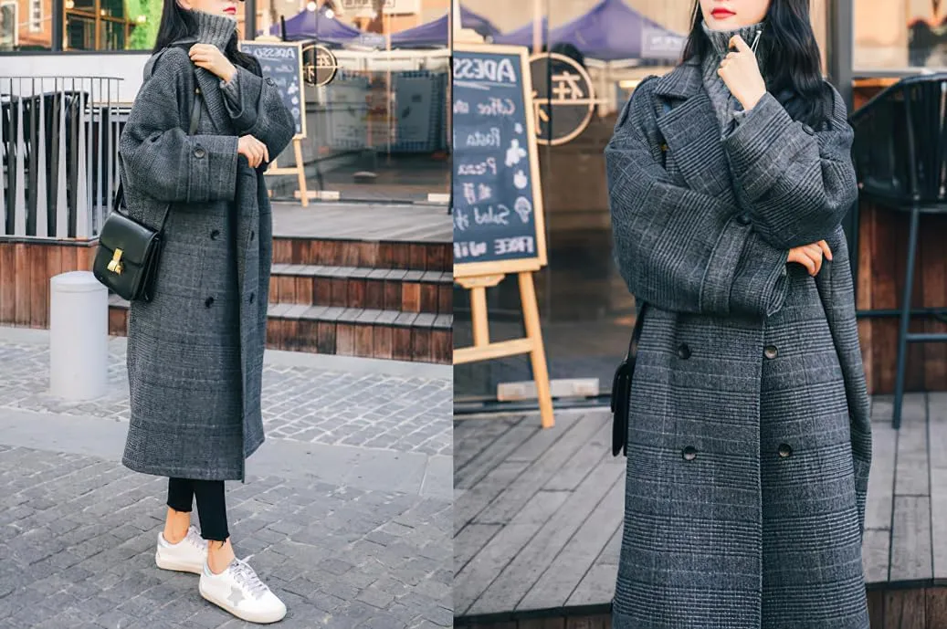 chouyatou Women's Fall Winter Oversized Notched Collar Double Breasted Plaid Wool Blend Long Trench Coat