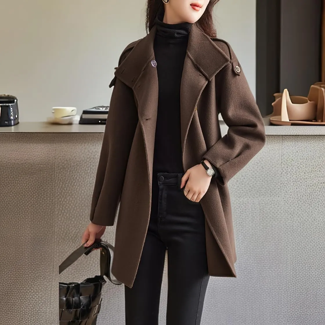 chouyatou Women's Fall Winter Wool Trench Coat Stand Collar Button Down Blazer Jacket Coat with Belt