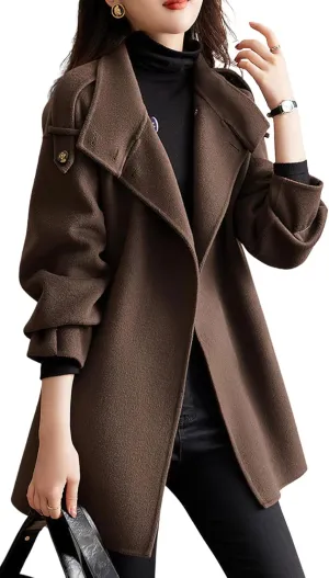 chouyatou Women's Fall Winter Wool Trench Coat Stand Collar Button Down Blazer Jacket Coat with Belt
