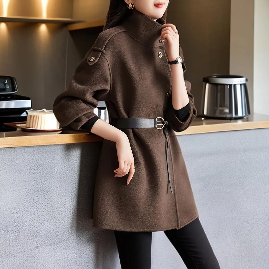 chouyatou Women's Fall Winter Wool Trench Coat Stand Collar Button Down Blazer Jacket Coat with Belt