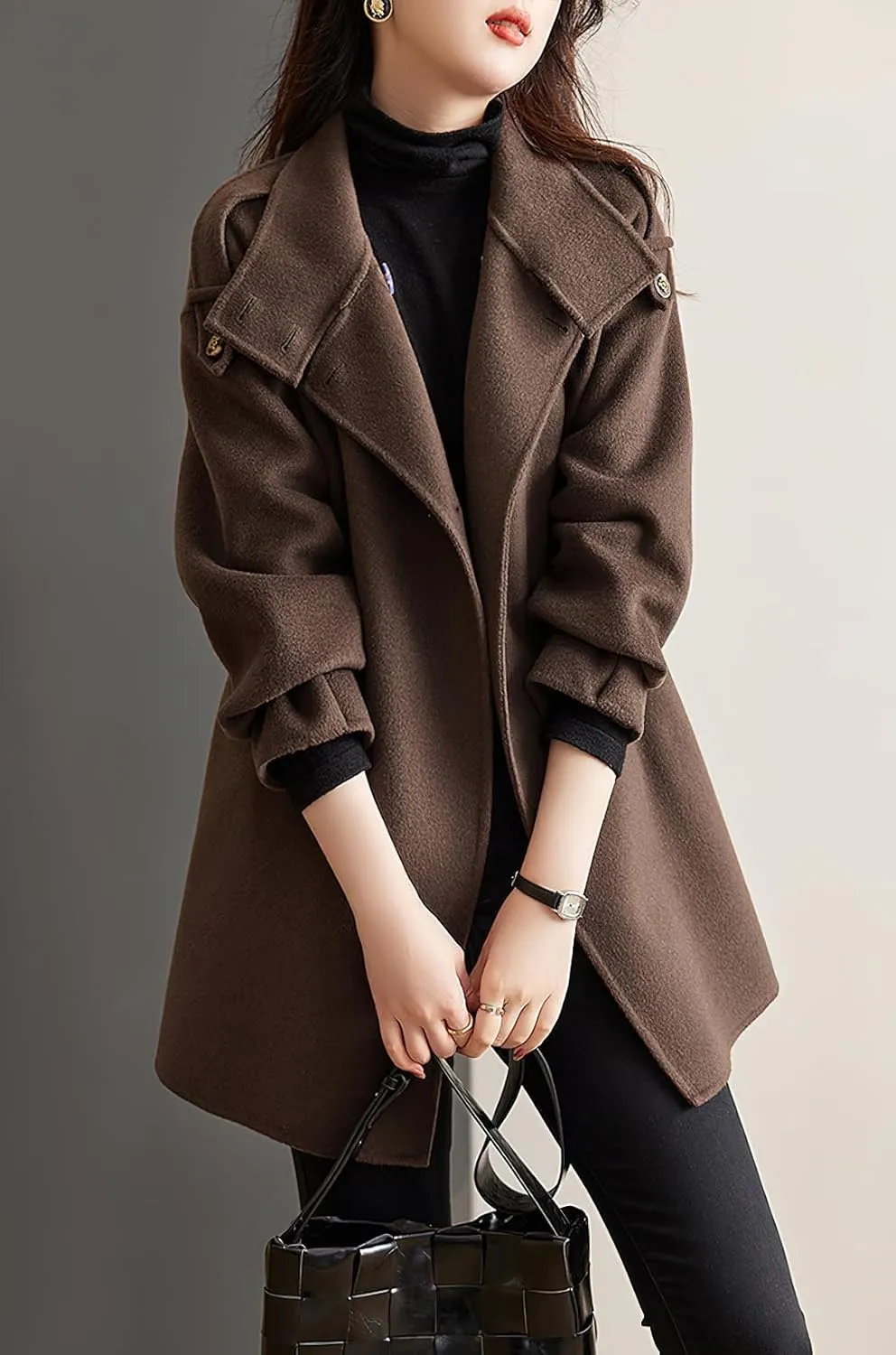 chouyatou Women's Fall Winter Wool Trench Coat Stand Collar Button Down Blazer Jacket Coat with Belt