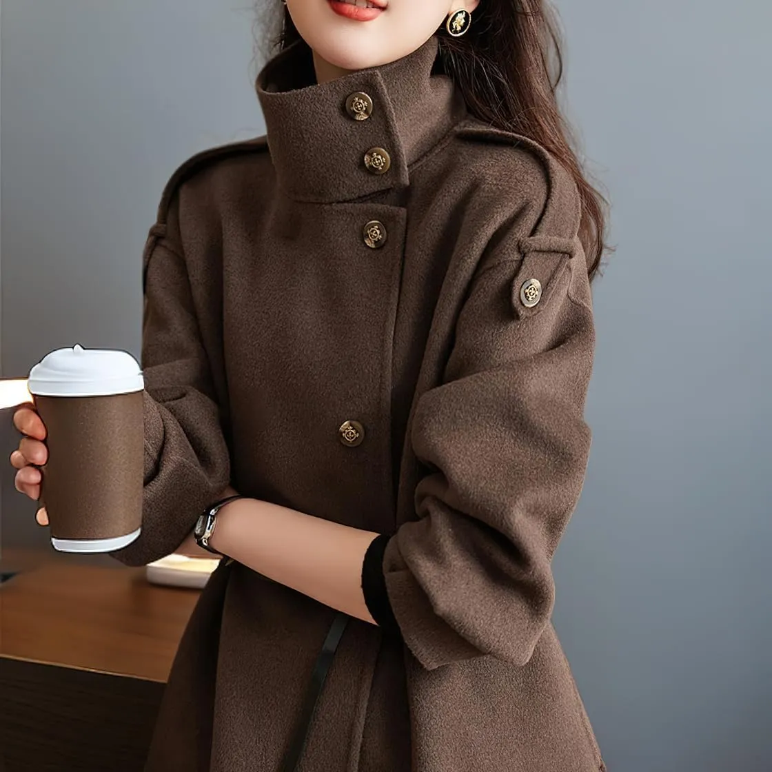 chouyatou Women's Fall Winter Wool Trench Coat Stand Collar Button Down Blazer Jacket Coat with Belt
