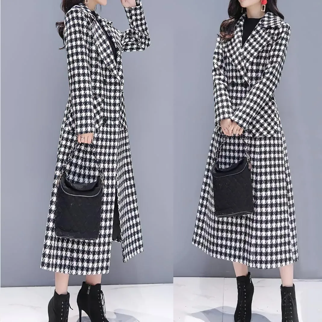 chouyatou Women's Houndstooth Notched Collar Double Breasted Overcoat Plaid Wool Blend Long Trench Coat