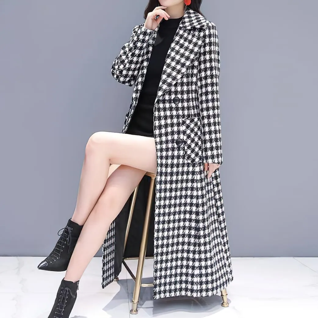 chouyatou Women's Houndstooth Notched Collar Double Breasted Overcoat Plaid Wool Blend Long Trench Coat