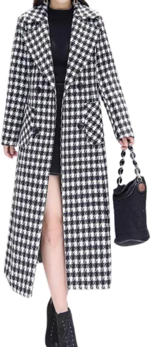 chouyatou Women's Houndstooth Notched Collar Double Breasted Overcoat Plaid Wool Blend Long Trench Coat