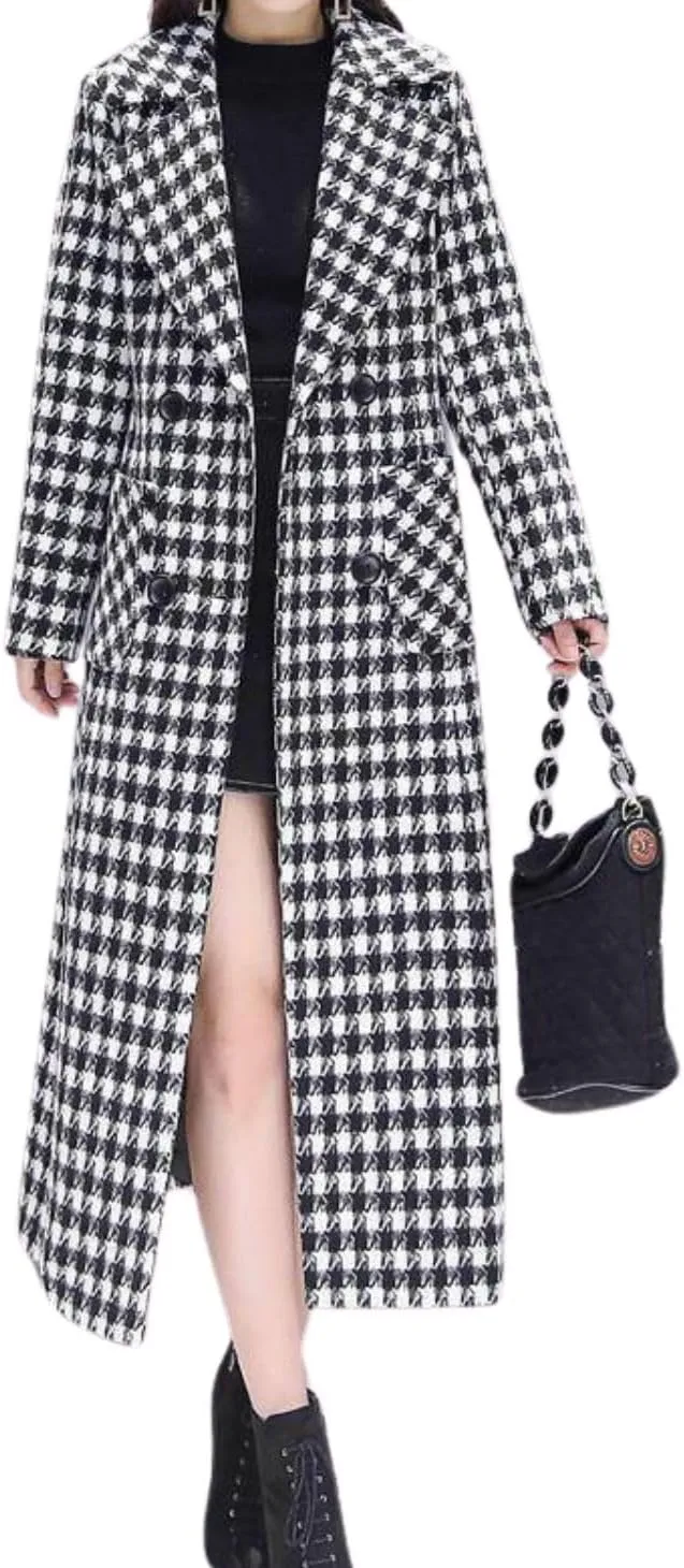 chouyatou Women's Houndstooth Notched Collar Double Breasted Overcoat Plaid Wool Blend Long Trench Coat