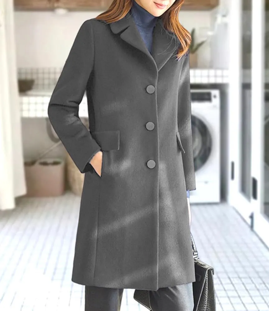 chouyatou Women's Notched Lapel Single Breasted Business Casual Wool Blend Long Trench Coat