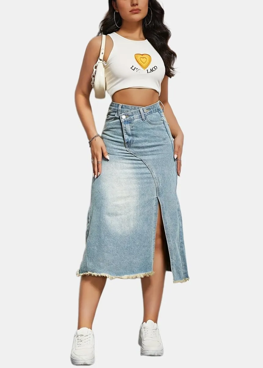 chouyatou Women's Sexy High Waisted Denim Skirt Raw Hem Bussiness Casual Midi Bodycon Skirt with Split