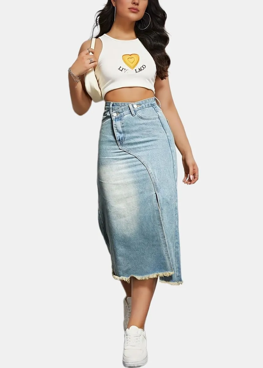 chouyatou Women's Sexy High Waisted Denim Skirt Raw Hem Bussiness Casual Midi Bodycon Skirt with Split