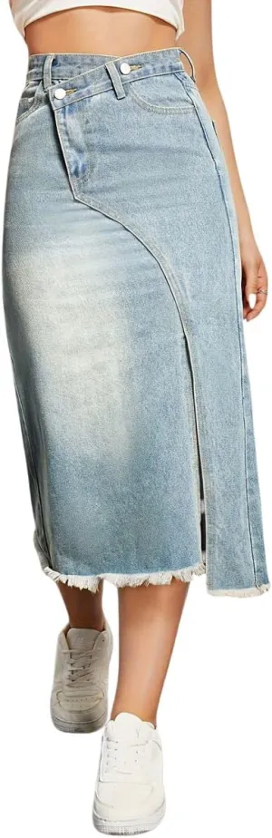 chouyatou Women's Sexy High Waisted Denim Skirt Raw Hem Bussiness Casual Midi Bodycon Skirt with Split