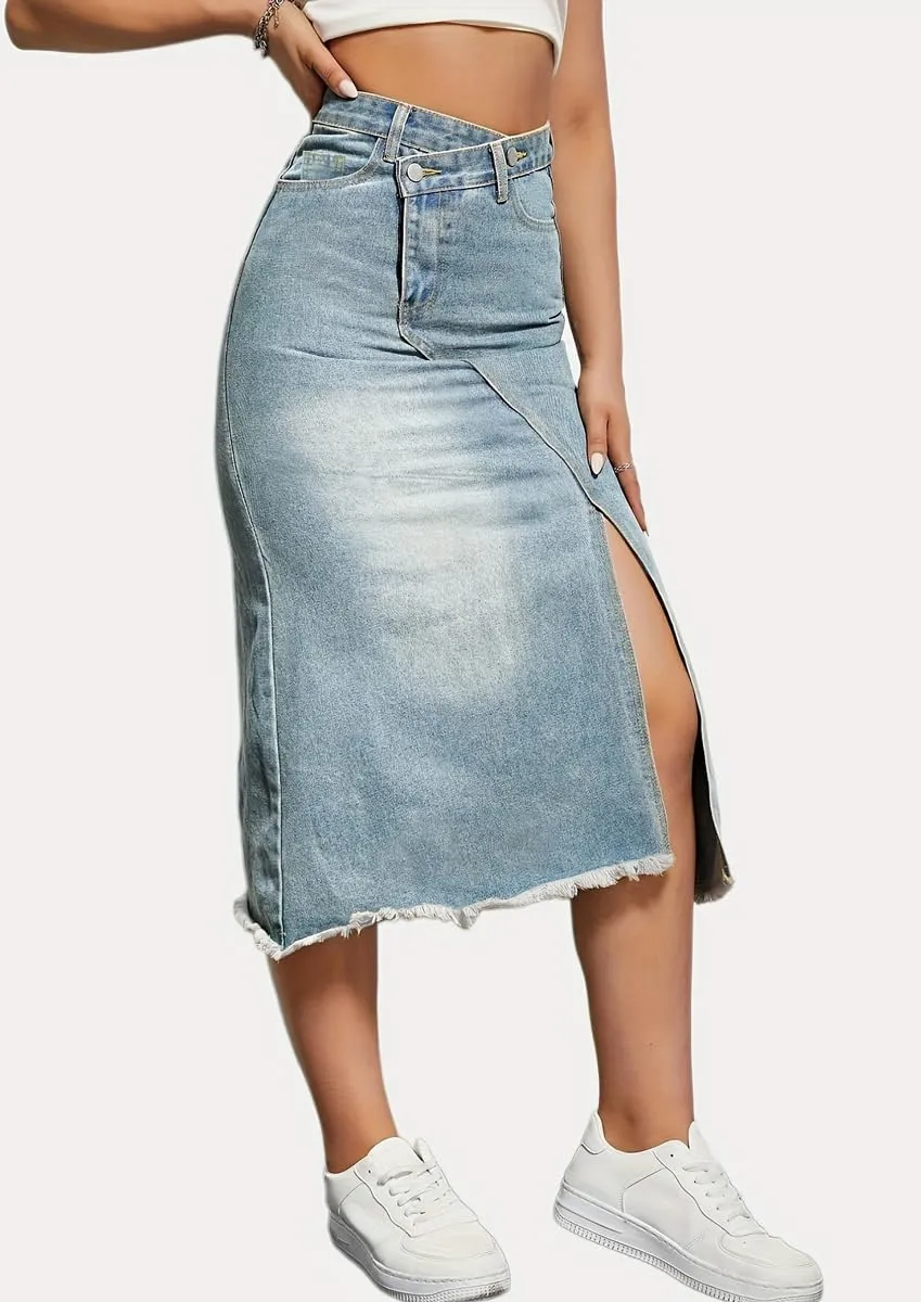 chouyatou Women's Sexy High Waisted Denim Skirt Raw Hem Bussiness Casual Midi Bodycon Skirt with Split