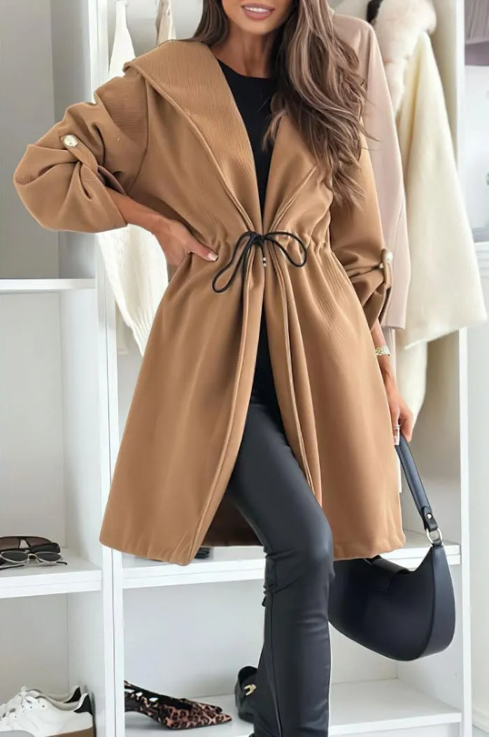 chouyatou Women's Tie Waist Hooded Wool Coat Casual Rolled Up Sleeve Wool Blend Trench Coat Overcoat