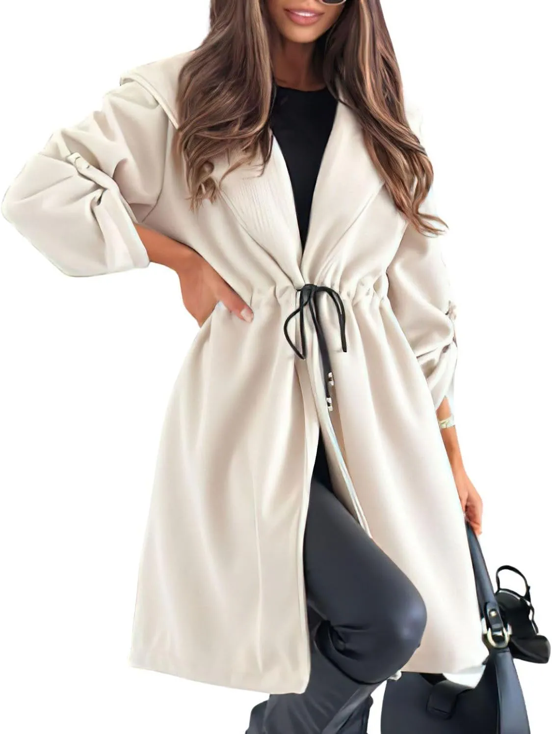 chouyatou Women's Tie Waist Hooded Wool Coat Casual Rolled Up Sleeve Wool Blend Trench Coat Overcoat