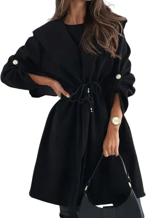 chouyatou Women's Tie Waist Hooded Wool Coat Casual Rolled Up Sleeve Wool Blend Trench Coat Overcoat