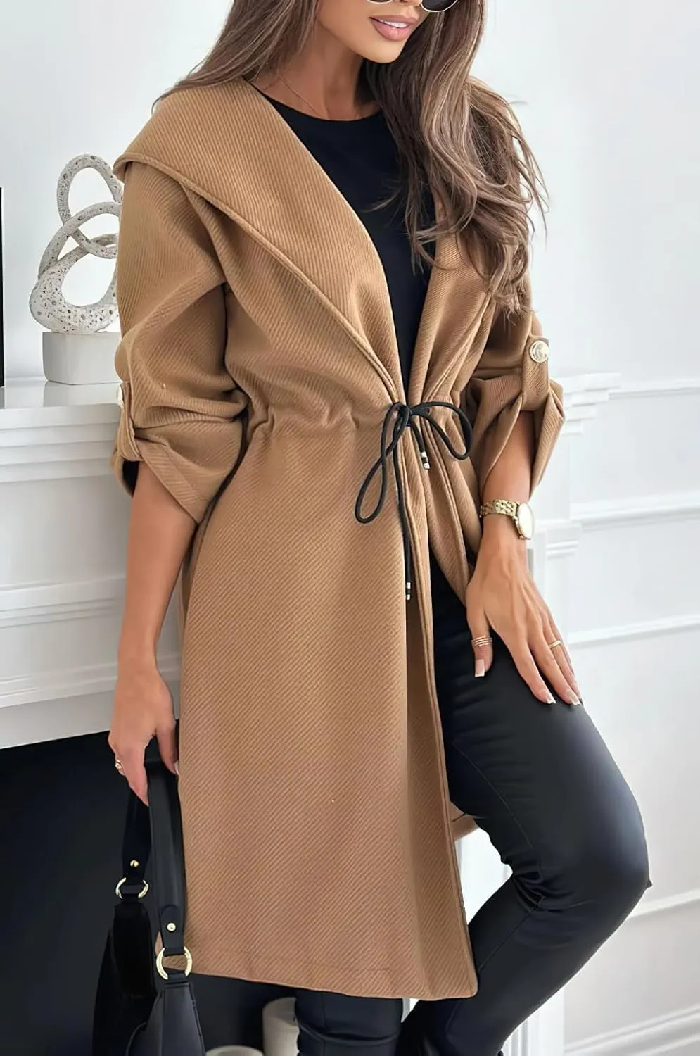 chouyatou Women's Tie Waist Hooded Wool Coat Casual Rolled Up Sleeve Wool Blend Trench Coat Overcoat