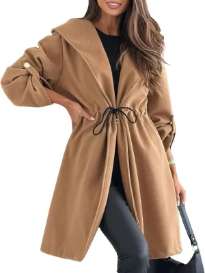 chouyatou Women's Tie Waist Hooded Wool Coat Casual Rolled Up Sleeve Wool Blend Trench Coat Overcoat