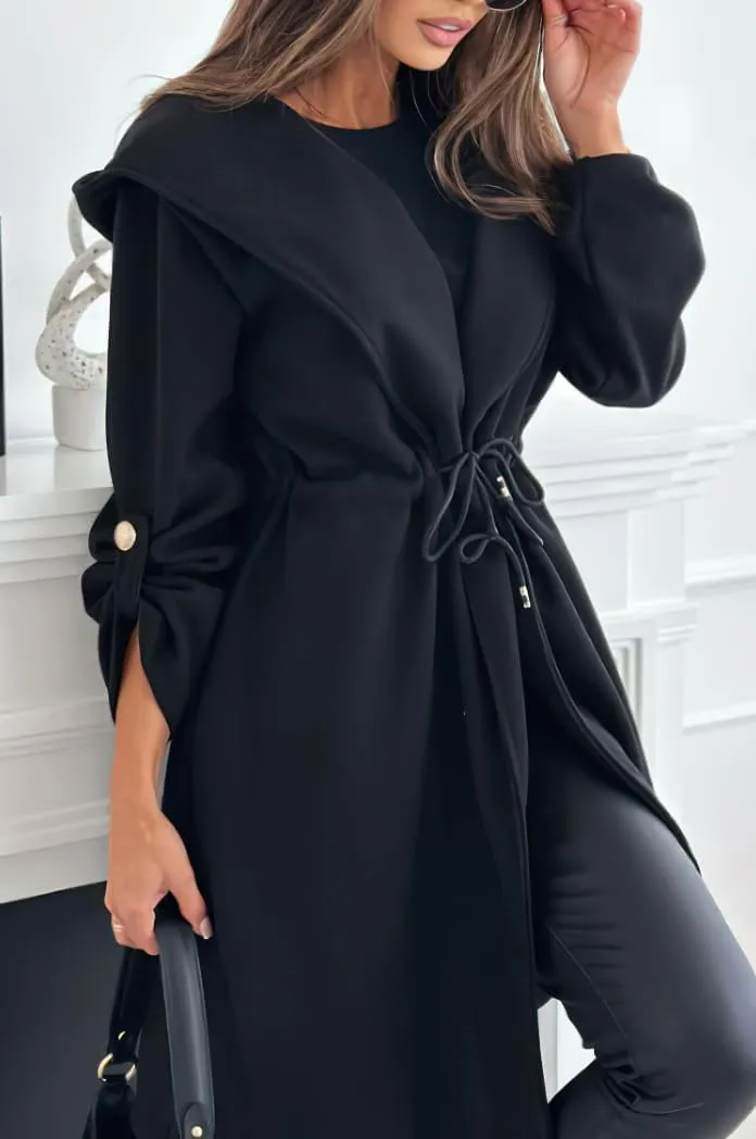 chouyatou Women's Tie Waist Hooded Wool Coat Casual Rolled Up Sleeve Wool Blend Trench Coat Overcoat