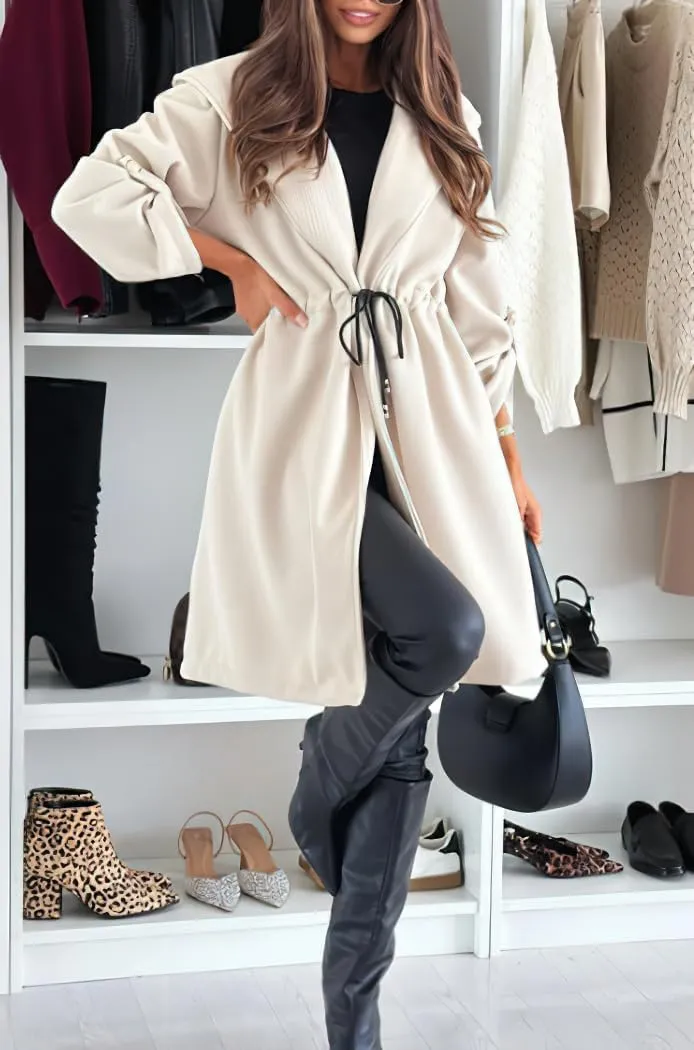 chouyatou Women's Tie Waist Hooded Wool Coat Casual Rolled Up Sleeve Wool Blend Trench Coat Overcoat