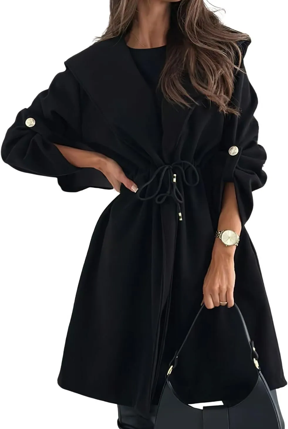 chouyatou Women's Tie Waist Hooded Wool Coat Casual Rolled Up Sleeve Wool Blend Trench Coat Overcoat