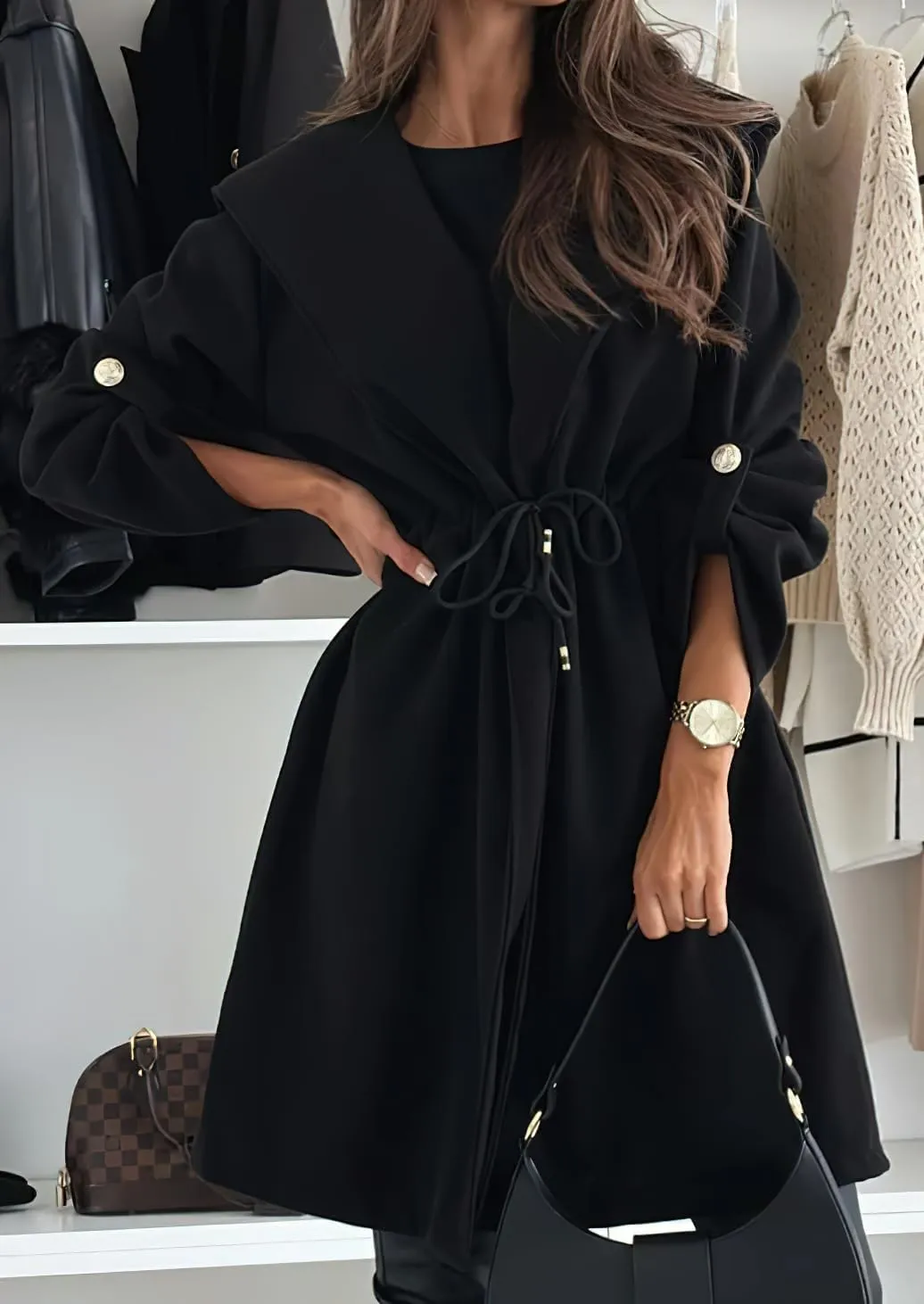 chouyatou Women's Tie Waist Hooded Wool Coat Casual Rolled Up Sleeve Wool Blend Trench Coat Overcoat
