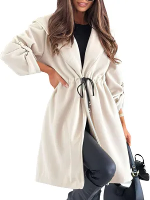 chouyatou Women's Tie Waist Hooded Wool Coat Casual Rolled Up Sleeve Wool Blend Trench Coat Overcoat
