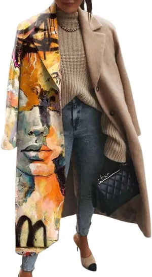 chouyatou Women's Vintage Graffiti Print Single Breasted Wool Coat Color Block Graphic Wool Blend Long Trench Coat