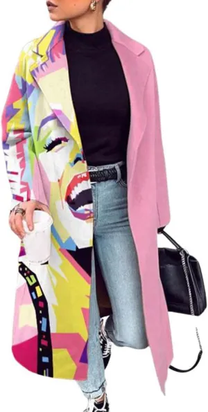 chouyatou Women's Vintage Graffiti Print Single Breasted Wool Coat Color Block Graphic Wool Blend Long Trench Coat